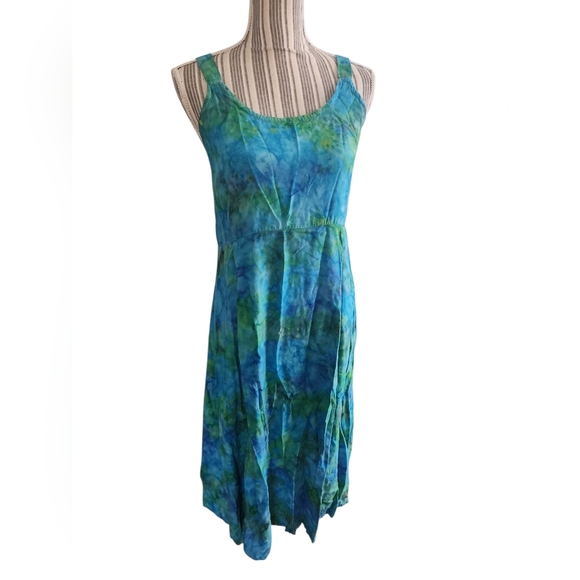 2/$15 ✨️Vintage Blue Green Tie Dye Hippie Rave Beach Island Maxi Buttom Dress - Picture 1 of 5
